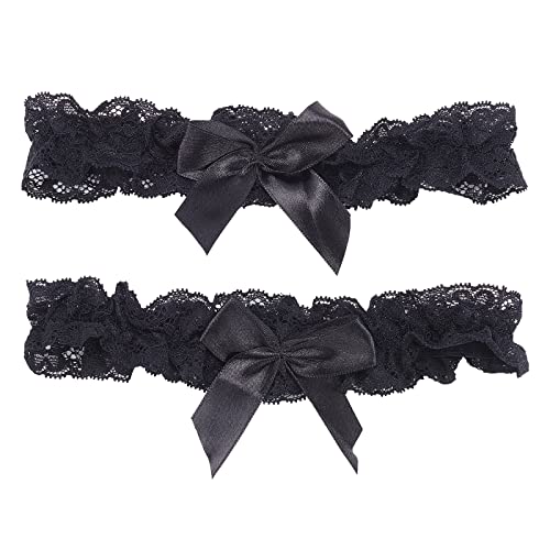 WEBEEDY 2Pcs Lace Wedding Garters for Bride Sexy Wedding Bridal Garter with Bow Party Prom Leg Garter Belt Tossing Thigh Garters Black Bowknot Elastic Leg Ring for Party Prom Birthday