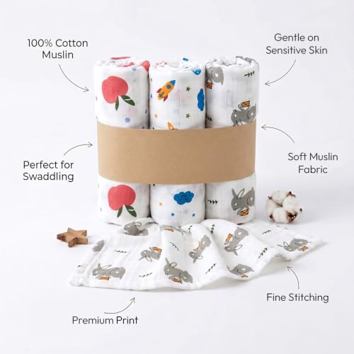Image of StarAndDaisy Organic Muslin Swaddle Blanket Pack of 3 for Newborn Babies, Cotton Muslin Receiving Blanket, Ultra Soft Breathable Baby Wrap, Burp Cloth & Stroller Cover, 75 x 80 cm