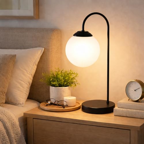 Image of tu casa Black Metal Base with Stand Bedside Study Table Lamp with White Glass Moon Light Stand for Home Decoration Bedroom Living Room Lounge Office Festival Gifting H - 88 inch / No Blub