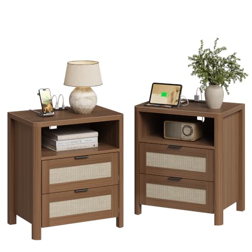 Image of Boho Nightstand Set of 2 with Charging Station, Bedside Table with Drawer & Open Storage Shelf, Mid-Century Modern End Table Rattan, Accent Side Table with Rounded Corners for Bedroom Living Room