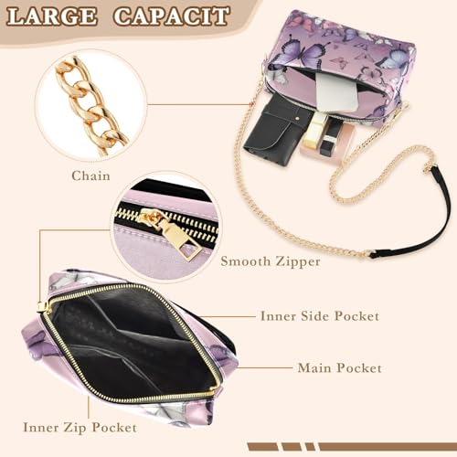 Purple Butterflies Women's PU Leather Crossbody Bag Shoulder Handbag Cellphone Purse with Metal Chain Strap Water Resistant Zipper Closure4