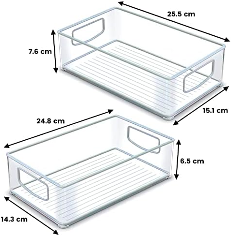 Unique Impression Set of 8 Stackable Fridge Organisers - Clear Fridge Storage Containers with Handles - Organizer Boxes for Refrigerator, Cupboard, Cabinet, Pantry, Snacks, Cans, Tins, Kitchen,