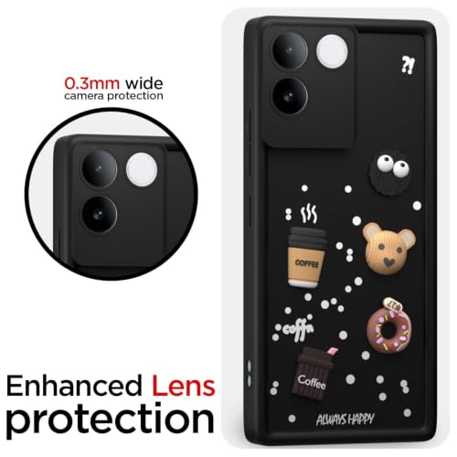 Image of Bintage Cute Fun Ball | Taddy Cartoon 3D Smiley Coffee Cup | Milk Donut | Full Protection Rubber Back Cover Compatible for Vivo V2321 / Vivo T2 Pro 5G - Black