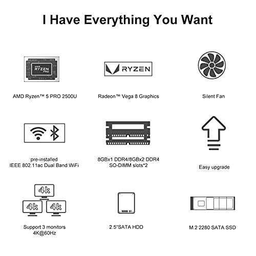 UM250 Mini PC AMD Ryzen 5 PRO 2500U 4C/8T Windows 10 Pro Mini Computer, DDR4 16GB RAM+256GB SSD, HDMI/DP/USB-C 4K@60Hz Output, 2X RJ45 Port, 4X USB3.1 Port, Dual Band WiFi, Radeon Vega 8 Graphics