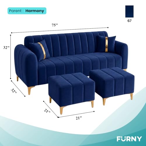 Image of FURNY Harmony 5 Seater L Shape Sofa Set with 2 Movable Ottoman & Golden Legs | Flexible Left or Right Layout | Plush Velvet Fabric (Dark Blue) | Perfect for Living Room, Guest Room & Office