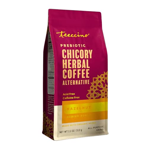 Teeccino Hazelnut Chicory Coffee Alternative - 11 Ounce - Ground Herbal Coffee That’s Prebiotic, Caffeine Free & Acid Free, Medium Roast