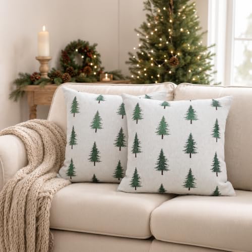 Image of 2 Pack Christmas Pillow Covers 18x18, Chenille Double-Sided Snowflake & Christmas Tree Decorative Throw Pillow Cases, Soft Farmhouse Holiday Cushion Covers for Sofa Couch Bed(White,18x18)