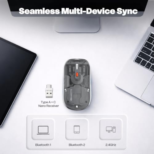 Image of Amkette Epic TP Advanced Transparent Wireless Mouse /Bluetooth Mouse Rechargeable, USB-A+USB-C Nano Receiver, 3200DPI, Type-C Charging, 3 Device Connectivity for Laptop, PC, MacBook, Tablet & More