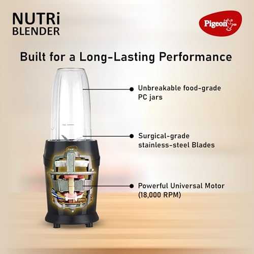 Image of Pigeon By Stovekraft Nutri Blender | Grinder Juicer Blender Smoothie Maker All-in-1 Machine | 600 Watt | 2 Jars- Multiuse Jar 500ml,Dry Grind 300ml, 1 Sipper, 1 Cap |2 Blades|2 Year Warranty