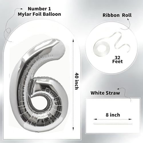 Image of Number Balloons Silver Party Balloon - Giant Number 6 Balloon, 40 Inch Large Balloon for Birthday Decorations, Silver Party Supplies for Anniversary