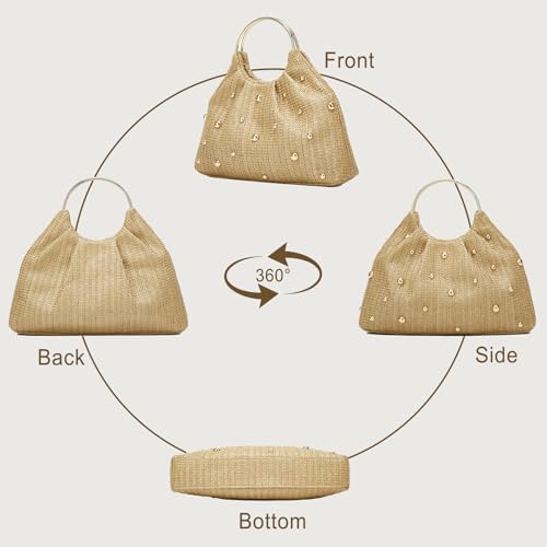 Image of Straw Woven Beach Bag 2026 Summer Beaded Top Handle Handbag Raffia Evening Purse Wedding Clutch Vacation Tote Wristlet Bag