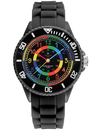 Alienwork Kids Lernuhr Kinderuhr Jungen Mädchen Schwarz Silikon-Armband Mehrfarbig Kinder-Uhr Wasserdicht 5 ATM Zeit Lernen