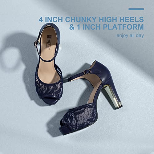 Idifu Women's In4 Mary Platform Chunky High Heels Sandals Peep Toe Dress Wedding Bridal Shoes For Women Bride Bridesmaid (Navy Pu, 5 M Us) #TOP4