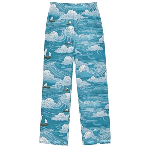 Boy's Pants Sea Wave White Sailboat Jogger Pants Elastic Waist Long Bottoms Trousers with Pockets 6-14 Years