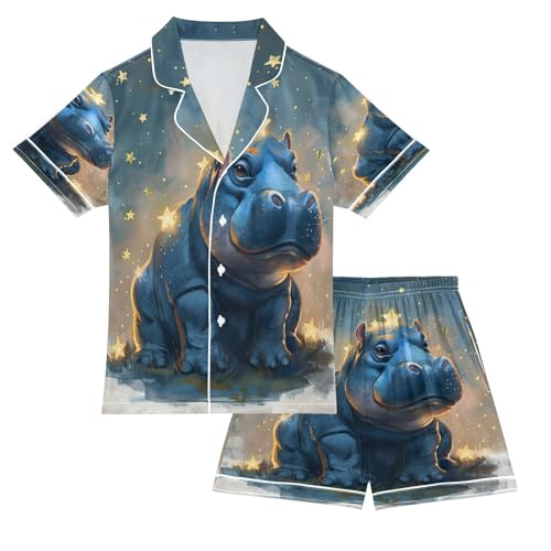 Satin Pajama Sets Short Sleeve Starry Hippo Night Sky Button Down Silky Nightwear 2 Piece PJS 5-14Y