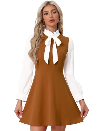 Image of Allegra K Tie Neck Dresses for Women's 1960s Vintage Long Sleeve Contrast Color Dress