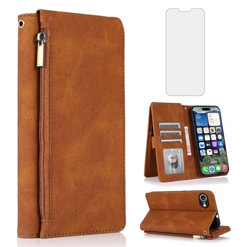 Étui portefeuille en cuir iPhone 16e et SE 4 avec fermeture éclair et porte-cartes marron