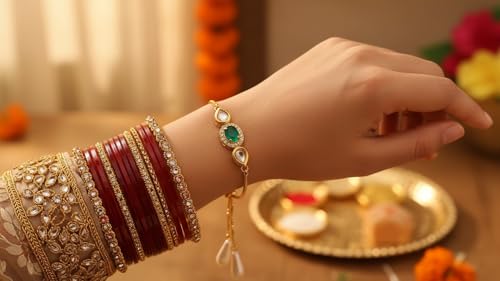 Image of Elegant Traditional Gold Plated /Rakhi Combo Of 1 Piece for Men and Women /brother /sister /bhabhi Kundan Stone combo set (Same as Shown In Image)