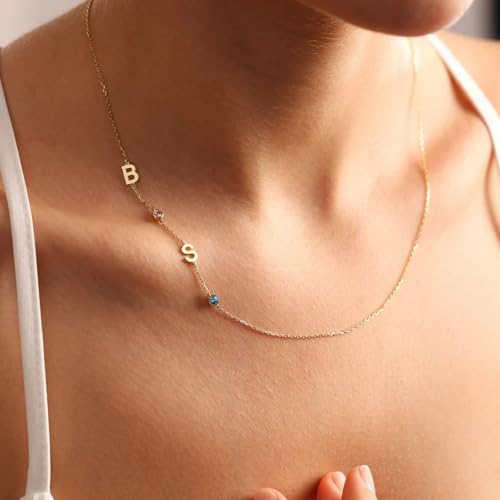 Dainty Sideways Initial Birthstone Necklace, Personalized 18K Gold Plated Letter Necklace Custom Name Necklace Customized Jewelry Birthday Christmas Gifts for Women3