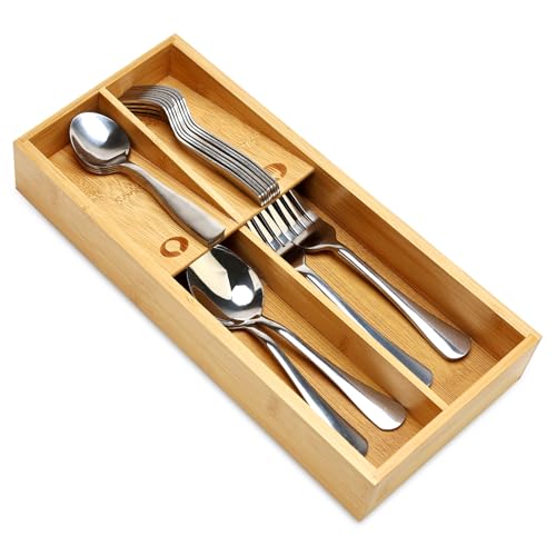 Small Bamboo Silverware Organizer for Drawer Utensil Tray Wood Cutlery Organizer Holder Narrow Flatware Caddy Wooden Kitchen Utensil Cutlery Drawer Skinny Fork and Spoon Silverware Organizer Tray