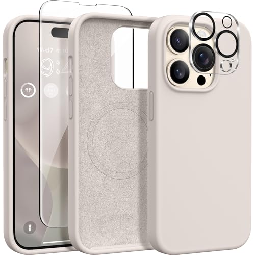 GONEZ for iPhone 14 Pro Case, Compatible with Magsafe, with 2X Screen Protector + 2X Camera Lens Protector, Soft Anti-Scratch Microfiber Lining, Shockproof Liquid Silicone Phone Cover, Stone