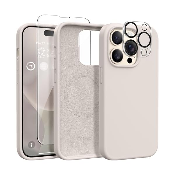 GONEZ for iPhone 14 Pro Case, Compatible with Magsafe, with 2X Screen Protector + 2X Camera Lens Protector, Soft Anti-Scratch Microfiber Lining, Shockproof Liquid Silicone Phone Cover, Stone