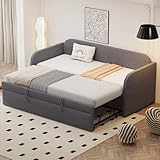 SUKY Cama tapizada sofá cama extensible 90/180 x 190 cm, con somier, con rayas verticales, cama multifunción, tejido de lino cómodo y transpirable (gris)