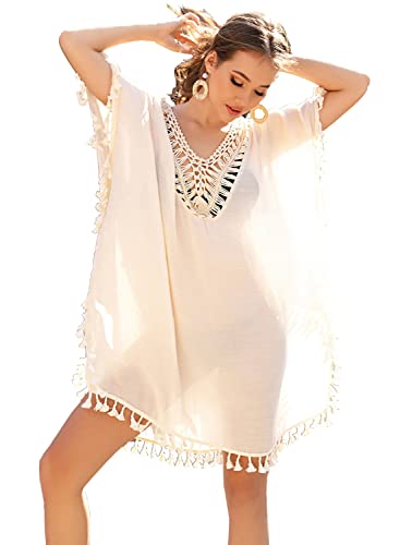 Cobciecs Robe de Plage Courte Pareo Beige Ete en Crochet Chic Casual de Gland Tunique Plage Femme été Taille Unique Beige Cover