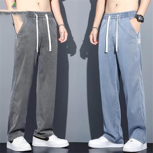 Men Summer Thin Soft Lyocell Fabric Jeans Loose Straight Pants Drawstring Elastic Waist Trousers2