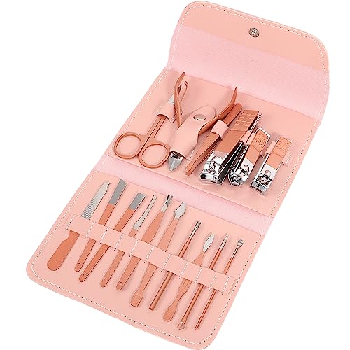 EXCLUZO 1 Set Manicure Set Stainless Steel Manicure Nail Clippers Pedicure Kit Nail Care Tools with Travel Case Grooming Kit for Travel Pink