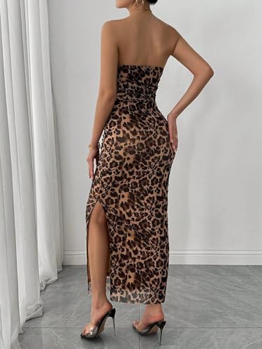 Image of LIGHT DOT Women's Summer Dress Printed Strapless Tube Bodycon Maxi Side Slit Mesh Layered