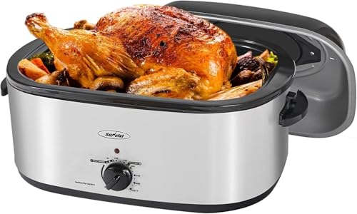 Sunvivi Electric Roaster,20 Quart Roasting Oven with Self-Basting Lid Removable Pan,Turkey Roaster Oven with 150 to 450F Temperature Control Cool-Touch Handles,Silver