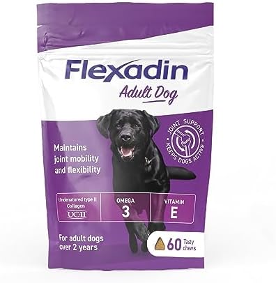 Flexadin Adult Dog Joint Supplement containing UC-II | Designed to aid Mobility & Flexibility | Natural Ingredients Omega 3 & Vit E | Aged 2+ | 60 Chews