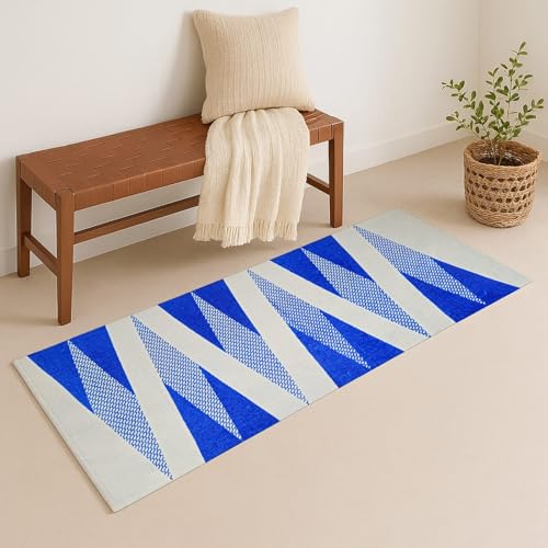 Image of SAGON 2x5 Ft Printed Runner Carpet - Cotton Bedside Rug for Bedroom & Living Room (Blue Trangle-2)
