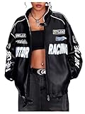 SOLY HUX Women's Faux Leather Motorcycle Jacket Y2k Racing Graphic Bomber Jackets Coat Streetwear Black Graphic Medium