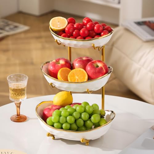 YYW 3 Tier Fruit Bowl for Kitchen Counter, White Gold Silver Ceramic Fruit Stand for Countertop, Home Fruit Rack with Metal Holder, Vegetable Snacks Nuts Bread Candy Storage (White (Gold Holder)) by YYW - Used condition - Image 4