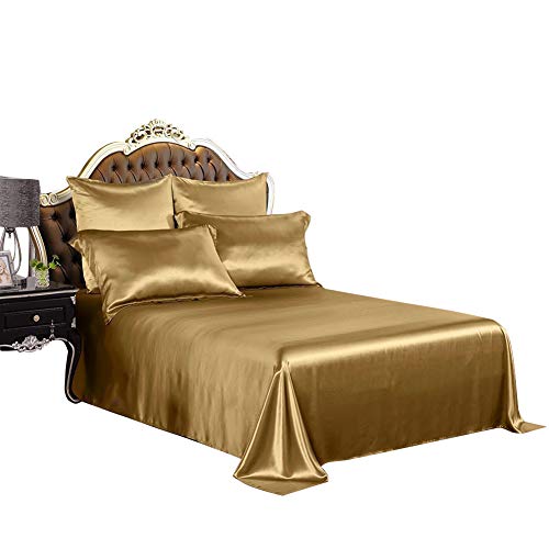 THXSILK Pure Silk Flat Sheet, 100% 7A+ Silk Bedding Flat Sheet, Ultra Soft, Breathable, Wrinkle - Free, Easy Care, Metallic Gold, Queen