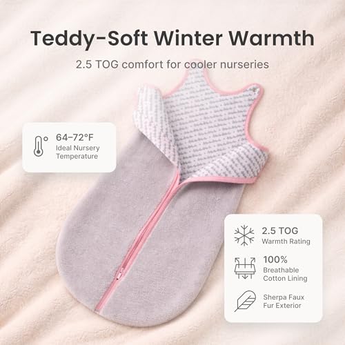 Image of Baby Deedee Sleep Nest Teddy - Sherpa Sleep Sack 2.5 TOG 0-6M Silver Plum | Patented shoulder snaps and full-length zipper support easy dressing and diaper changes for cooler routines