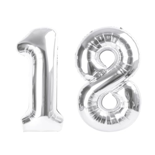 Image of Number Balloons 18 Balloon 40 inch Silver for 18 Birthday Party Decoration | Saturated Color, Large 40 in, With Straw & Hanging Hole, For Graduation Season, Thanksgiving, Anniversary, Christmas