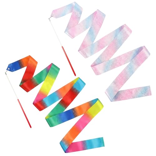 HZMM 2 PCS Dance Ribbon Streamers 78.7 Inch Rhythmic Gymnastics Ribbon Wand for Ballet Dance Training & Performance Twirling Artistic Dance Streamer with Sparkling Stars & Gradient Colors