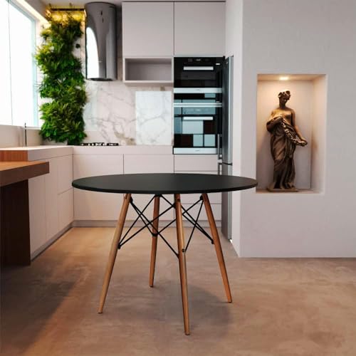 Mesa Eames Eiffel Redondo Tampo De Madeira 80cm Preto