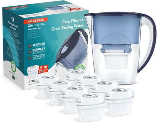 Aqua Optima Oria - Caraffa filtrante per acqua, 9 cartuccia filtrante Evolve+, capacità 2,8 l, per ridurre microplastiche, cloro, calcare e impurità, colore: blu