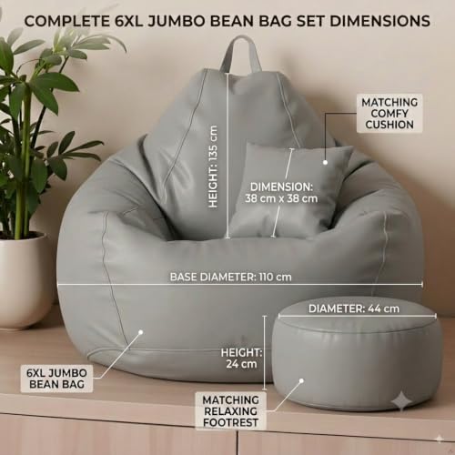 Image of KAM'S LIEU Leatherette Bean Bag Chair with Footrest | Filled with EPS Beans | Comfortable Sofa for Living Room & Bedroom | 4XL Size, Easy to Clean Color- (Grey)