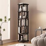 Muwuele Solid Wood Rotating Bookshelf on Wheels, 5 Tier, Round Revolving Bookcase, 360Β° Spinning Book Shelf Tower for Kids, Narrow Rolling Bookshelves for Small Space, Corner, Bedroom, Office, Black