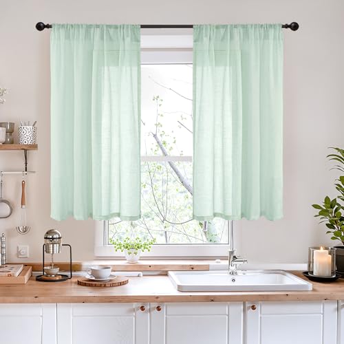 Image of BGment Light Green Linen Curtains 40 Inches Long - Sheer Kitchen Drapes Textured for Short Window with Rod Pocket Lightweight, 2 Panels Set, 42 X 40 Inch