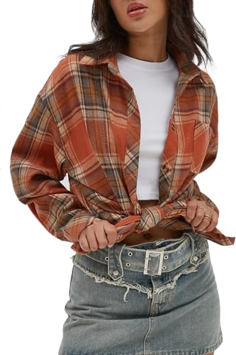 Image of CHYRII Womens Button Down Flannel Shirts Long Sleeve Plaid Shackets Business Casual Blouse Top