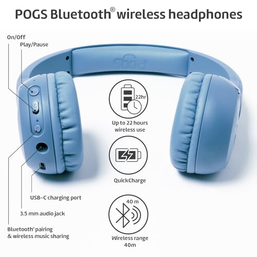 The Gecko 2 POGS Drahtloser Bluetooth Kinderkopfhörer | Faltbarer robuster Kinderkopfhörer ab 3 Jahren | Lautstärkebegre