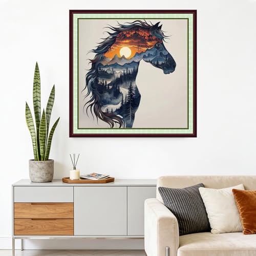 Image of Foxhool Stamped Cross Stitch Kits,11CT Printed Cross Stitch Pattern Full Embroidery Kits for Beginner Needlepoint Kits-Abstract Steed 18x18 inchs