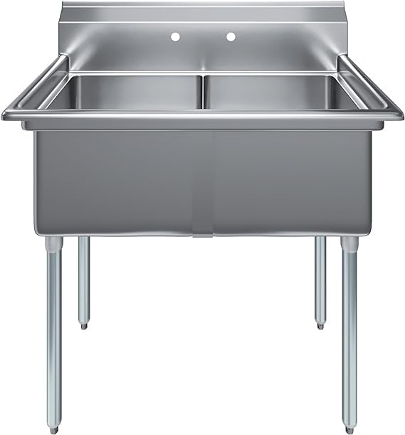 Express-KitchQuip 2-Compartment Stainless Steel Prep & Utility Sink – 41" x 24" | (2) 18" x 18" x 12" Bowls | NSF Certified | Commercial Kitchen, Bar, Garage