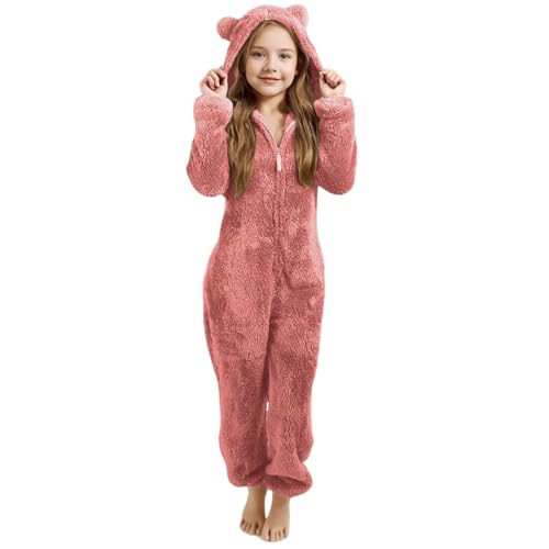 Generisch Jumpsuit Kinder - Schlafanzug Mädchen Overall Teddy Fleece Kuschelanzug Weich Kapuze Reißverschluss Bequem Plüsch Einteiler Warm​